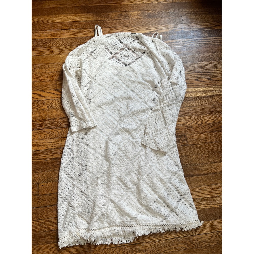 Roxy White Crochet Lace Fringe Mini Dress Boho 3/4 Sleeve with Slip Size M - Picture 7 of 9